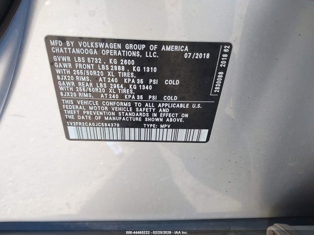 Aukcja sprzedaży 2018 Volkswagen Atlas 3.6l V6 Se W/technology, vin: 1V2FR2CA0JC584379, numer aukcji: 44465222