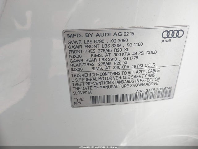 2015 Audi Q7 3.0t Premium მანქანა იყიდება აუქციონზე, vin: WA1LGAFE1FD016740, აუქციონის ნომერი: 44465262