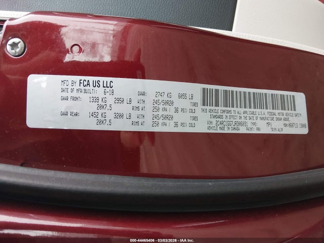 Aukcja sprzedaży 2018 Chrysler Pacifica Limited, vin: 2C4RC1GG7JR306031, numer aukcji: 44465406