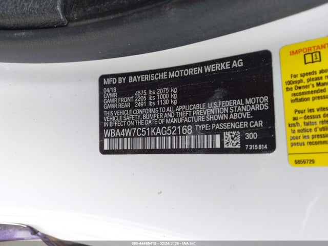 44465415 :رقم المزاد ، WBA4W7C51KAG52168 vin ، 2019 Bmw 440i مزاد بيع