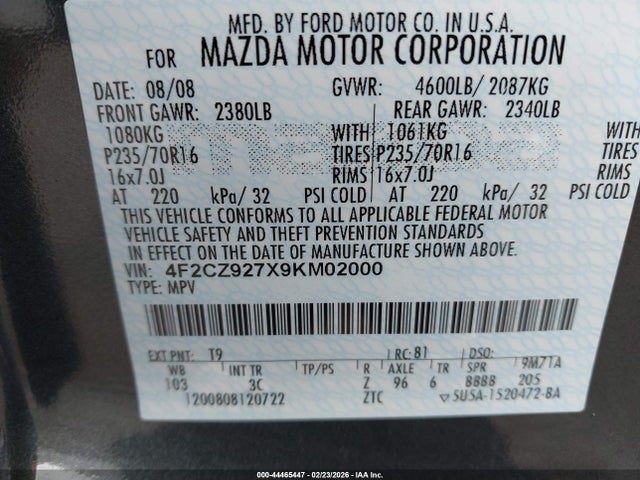 2009 Mazda Tribute I Sport მანქანა იყიდება აუქციონზე, vin: 4F2CZ927X9KM02000, აუქციონის ნომერი: 44465447