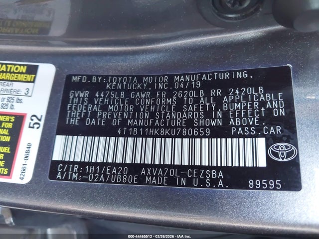 4T1B11HK8KU780659 Toyota CAMRY SE