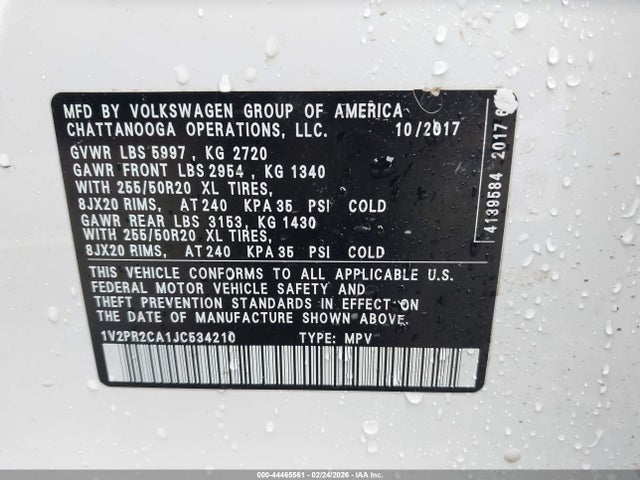 Aukcja sprzedaży 2018 Volkswagen Atlas 3.6l V6 Se W/technology, vin: 1V2PR2CA1JC534210, numer aukcji: 44465561