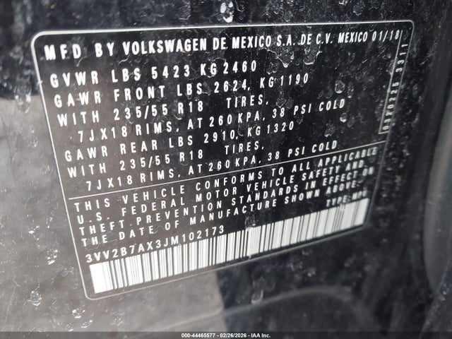 44465577 :رقم المزاد ، 3VV2B7AX3JM102173 vin ، 2018 Volkswagen Tiguan 2.0t Se/2.0t Sel مزاد بيع