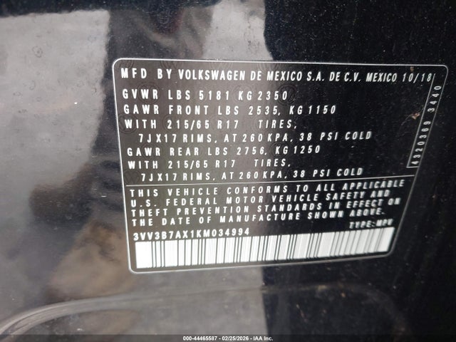Продаж на аукціоні авто 2019 Volkswagen Tiguan 2.0t Se/2.0t Sel/2.0t Sel R-line/2.0t Sel R-line Black, vin: 3VV3B7AX1KM034994, номер лоту: 44465587