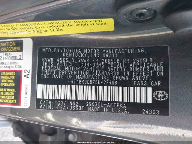 Aukcja sprzedaży 2011 Toyota Avalon Limited, vin: 4T1BK3DB7BU427408, numer aukcji: 44465630