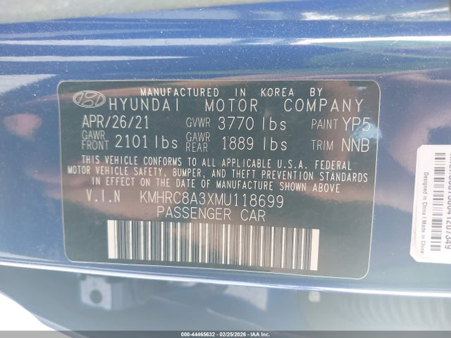 44465632 :رقم المزاد ، KMHRC8A3XMU118699 vin ، 2021 Hyundai Venue Sel مزاد بيع