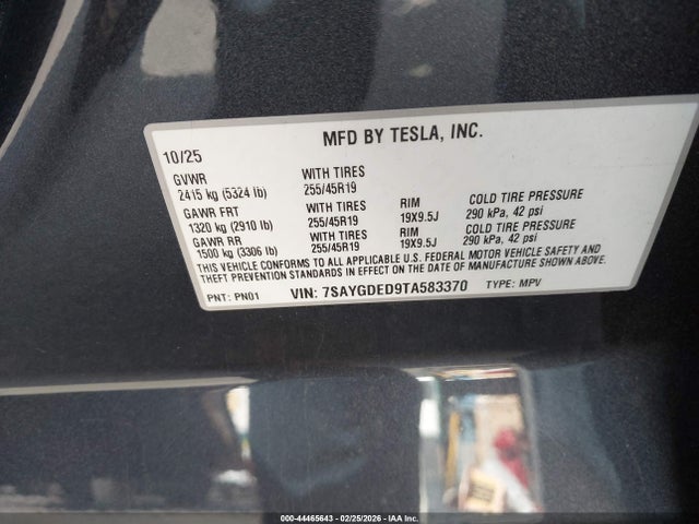 2026 Tesla Model Y Premium Rear-wheel Drive/standard Rear-wheel Drive მანქანა იყიდება აუქციონზე, vin: 7SAYGDED9TA583370, აუქციონის ნომერი: 44465643