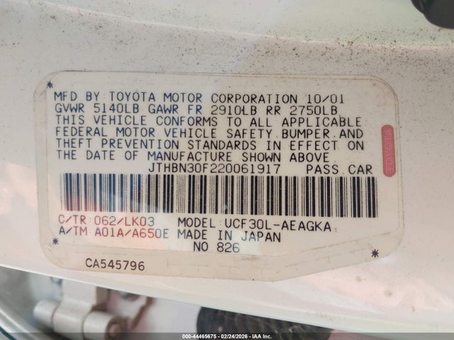 Продаж на аукціоні авто 2002 Lexus Ls 430, vin: JTHBN30F220061917, номер лоту: 44465675