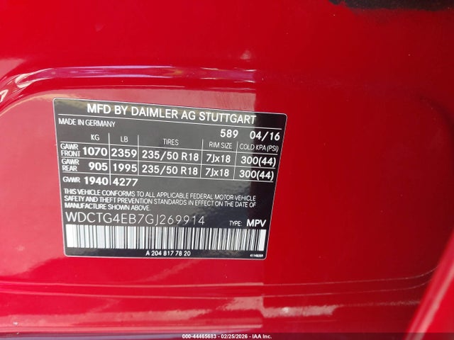 Aukcja sprzedaży 2016 Mercedes-benz Gla 250, vin: WDCTG4EB7GJ269914, numer aukcji: 44465683