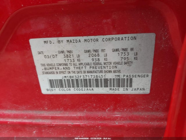 44465696 :رقم المزاد ، JM1BK32F371738451 vin ، 2007 Mazda Mazda3 I Touring مزاد بيع