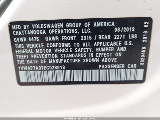 44465705 :رقم المزاد ، 1VWAP7A37EC023618 vin ، 2014 Volkswagen Passat 2.5l S مزاد بيع