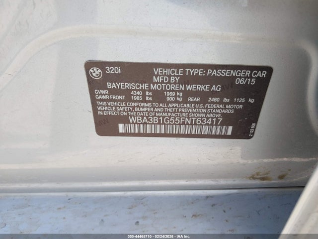 44465710 :رقم المزاد ، WBA3B1G55FNT63417 vin ، 2015 Bmw 320i مزاد بيع