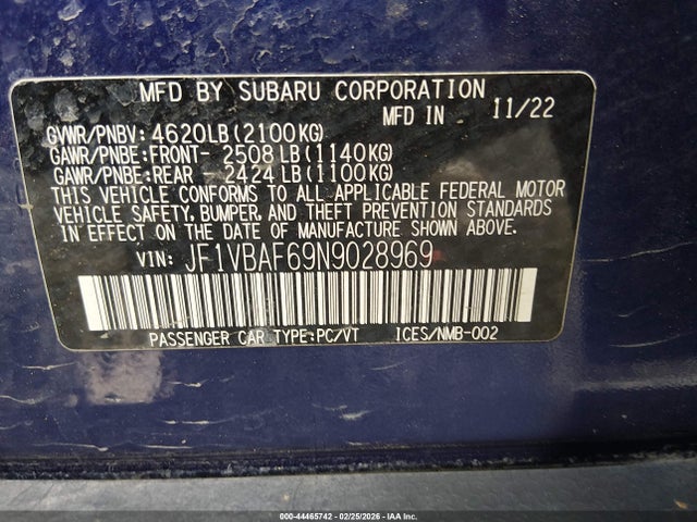 2022 Subaru Wrx Premium მანქანა იყიდება აუქციონზე, vin: JF1VBAF69N9028969, აუქციონის ნომერი: 44465742