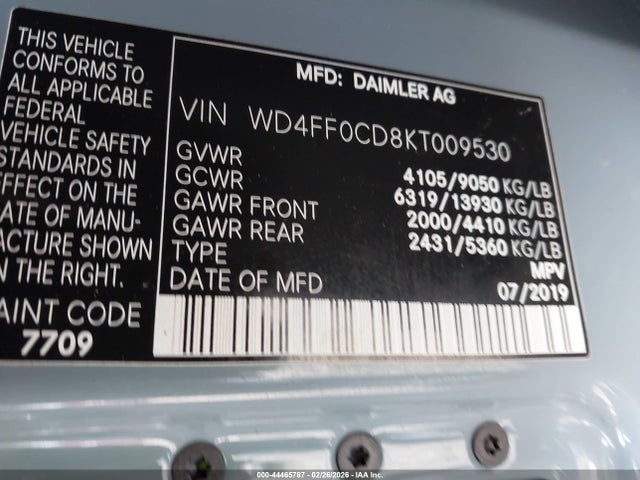 Продажа на аукционе авто 2019 Mercedes-benz Sprinter 2500 Standard Roof V6, vin: WD4FF0CD8KT009530, номер лота: 44465787