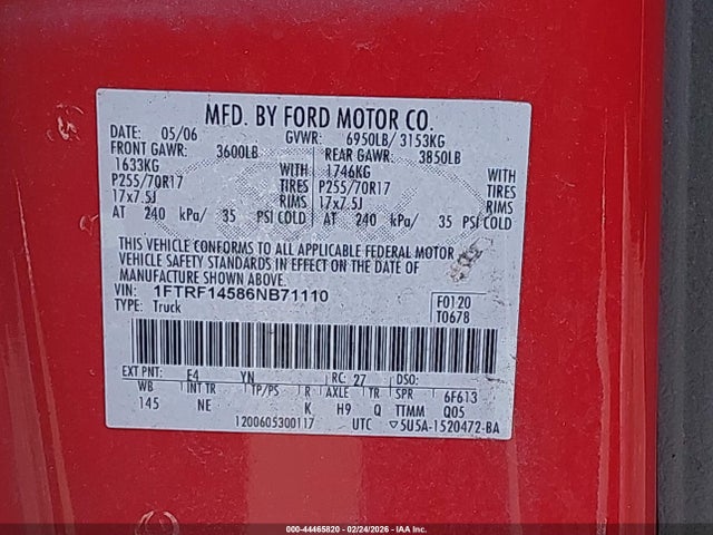 Продажа на аукционе авто 2006 Ford F-150 Fx4/xl/xlt, vin: 1FTRF14586NB71110, номер лота: 44465820