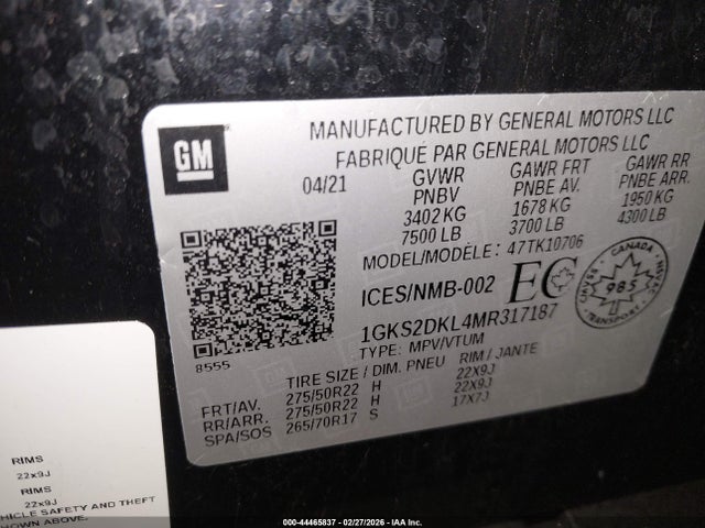 Продажа на аукционе авто 2021 Gmc Yukon, vin: 1GKS2DKL4MR317187, номер лота: 44465837