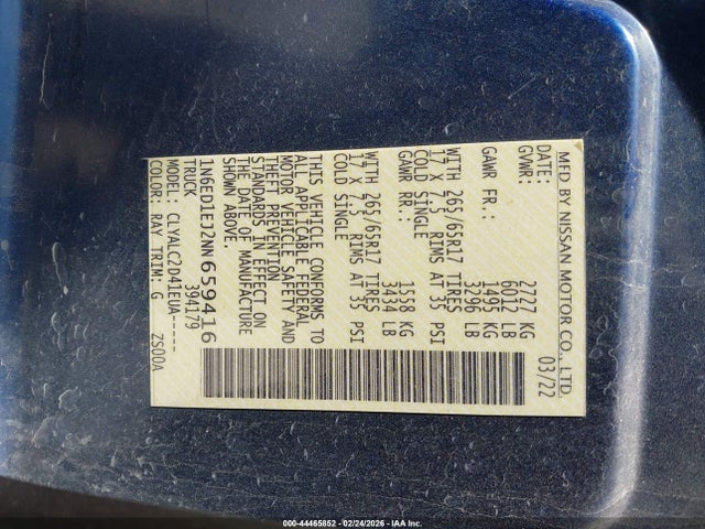 2022 Nissan Frontier Sv 4x2 მანქანა იყიდება აუქციონზე, vin: 1N6ED1EJ2NN659416, აუქციონის ნომერი: 44465852