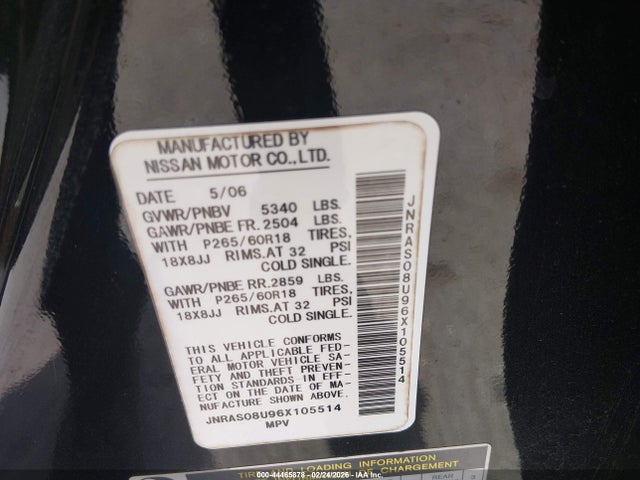 44465878 :رقم المزاد ، JNRAS08U96X105514 vin ، 2006 Infiniti Fx35 مزاد بيع