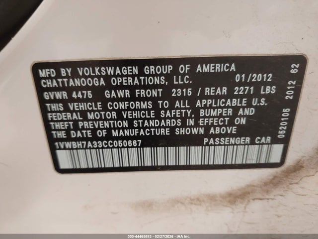2012 Volkswagen Passat 2.5l Se მანქანა იყიდება აუქციონზე, vin: 1VWBH7A33CC050667, აუქციონის ნომერი: 44465883