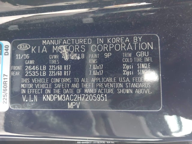 44465922 :رقم المزاد ، KNDPM3AC2H7205951 vin ، 2017 Kia Sportage Lx مزاد بيع