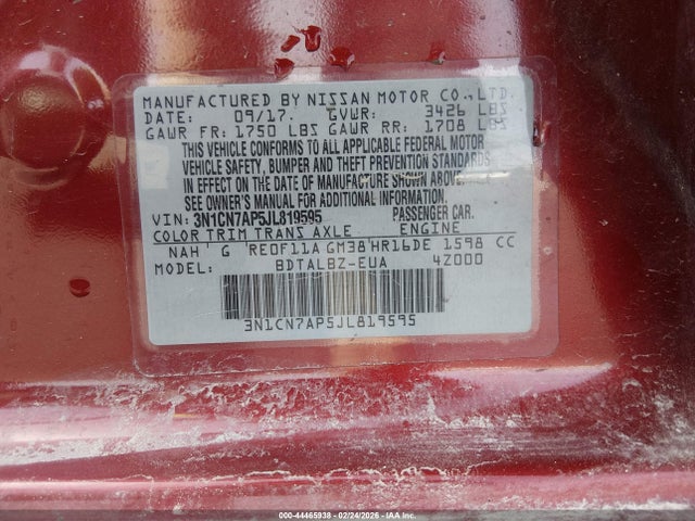 3N1CN7AP5JL819595 Nissan Versa 1.6 Sv