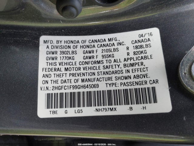 Honda Civic Touring 2016 2HGFC1F99GH645069 Image 9