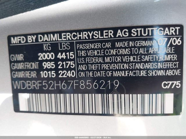 Продаж на аукціоні авто 2007 Mercedes-benz C 230 Sport, vin: WDBRF52H67F856219, номер лоту: 44465965