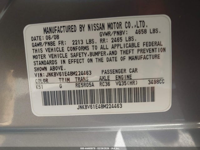 Продаж на аукціоні авто 2008 Infiniti G35 Journey, vin: JNKBV61E48M224463, номер лоту: 44465979