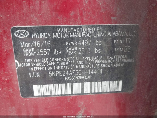 2016 Hyundai Sonata Se მანქანა იყიდება აუქციონზე, vin: 5NPE24AF3GH414414, აუქციონის ნომერი: 44466011