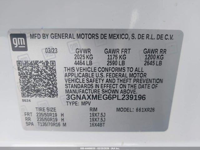 44466030 :رقم المزاد ، 3GNAXMEG6PL239196 vin ، 2023 Chevrolet Equinox Fwd Rs مزاد بيع