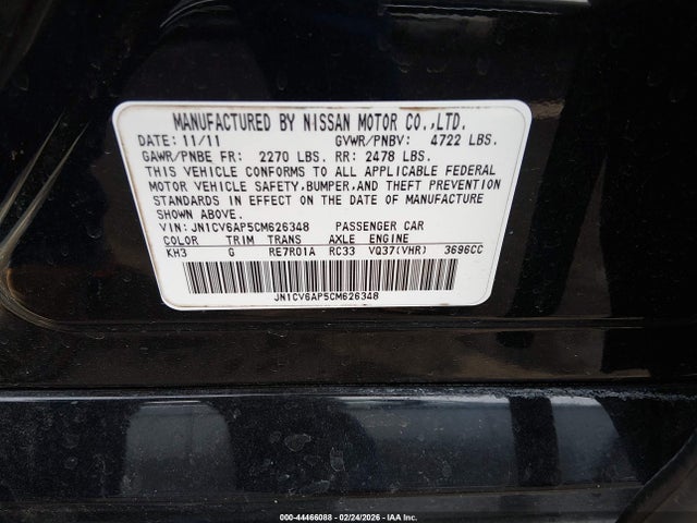 44466088 :رقم المزاد ، JN1CV6AP5CM626348 vin ، 2012 Infiniti G37 Journey مزاد بيع