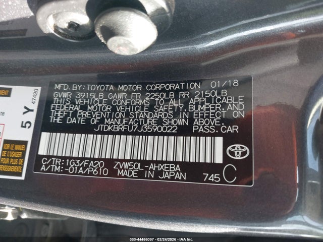 JTDKBRFU7J3590022 Toyota Prius Two