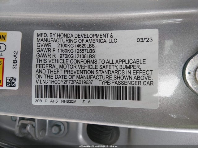 44466109 :رقم المزاد ، 1HGCY2F73PA019637 vin ، 2023 Honda Accord Hybrid Sport-l مزاد بيع
