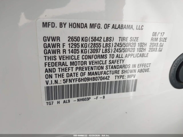 5FNYF6H09HB070442 Honda Pilot Elite