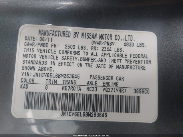 Aukcja sprzedaży 2011 Infiniti G37x, vin: JN1CV6EL6BM263645, numer aukcji: 44466188