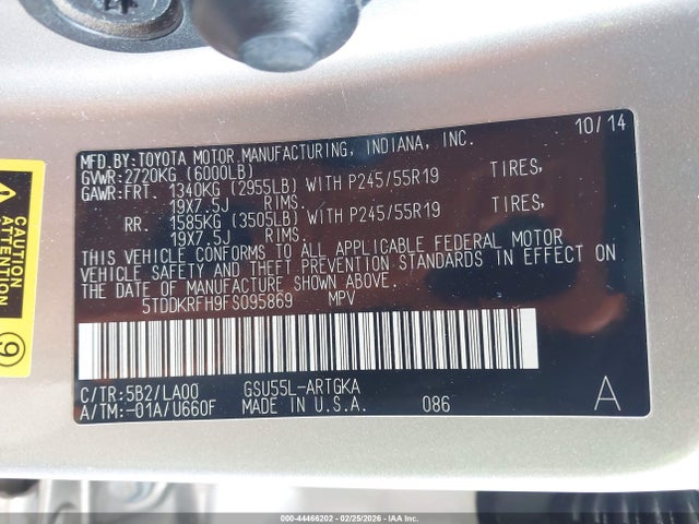 Aukcja sprzedaży 2015 Toyota Highlander Limited V6, vin: 5TDDKRFH9FS095869, numer aukcji: 44466202