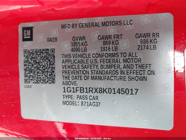 44466249 :رقم المزاد ، 1G1FB1RX8K0145017 vin ، 2019 Chevrolet Camaro 1ls مزاد بيع