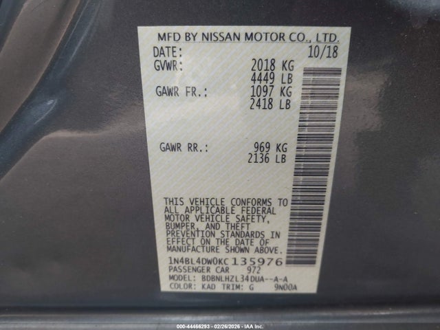 Aukcja sprzedaży 2019 Nissan Altima 2.5 Sv, vin: 1N4BL4DW0KC135976, numer aukcji: 44466293