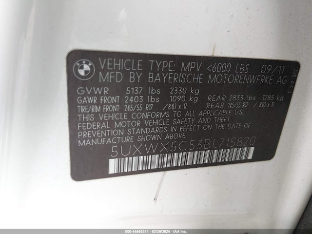 44466311 :رقم المزاد ، 5UXWX5C53BL715820 vin ، 2011 Bmw X3 Xdrive28i مزاد بيع