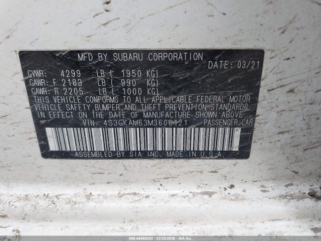 44466342 :رقم المزاد ، 4S3GKAM63M3606121 vin ، 2021 Subaru Impreza Sport مزاد بيع