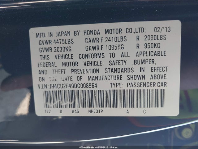 2013 Acura Tsx 2.4 მანქანა იყიდება აუქციონზე, vin: JH4CU2F49DC008964, აუქციონის ნომერი: 44466344