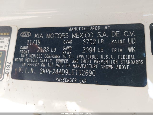 3KPF24AD9LE192690 KIA Forte Lxs