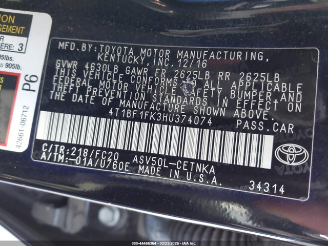 44466364 :رقم المزاد ، 4T1BF1FK3HU374074 vin ، 2017 Toyota Camry Le مزاد بيع
