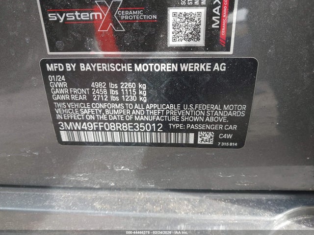 44466378 :رقم المزاد ، 3MW49FF08R8E35012 vin ، 2024 Bmw M340i M340i Xdrive مزاد بيع