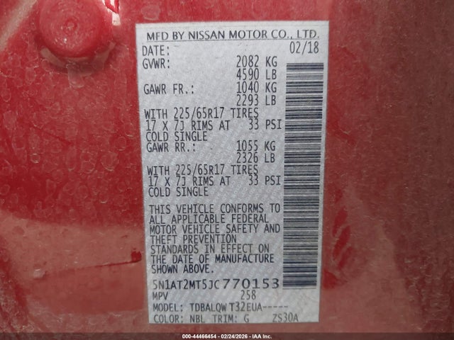 5N1AT2MT5JC770153 Nissan ROGUE SV