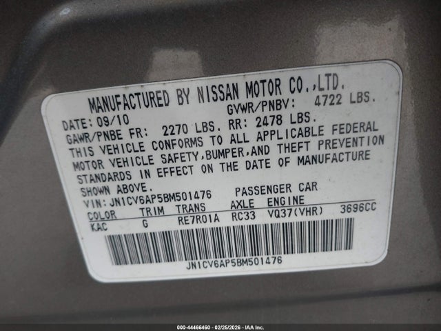 Продажа на аукционе авто 2011 Infiniti G37 Journey, vin: JN1CV6AP5BM501476, номер лота: 44466460