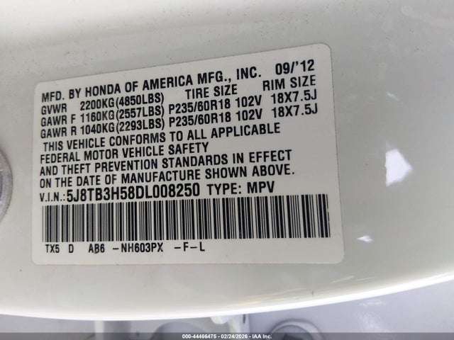 44466475 :رقم المزاد ، 5J8TB3H58DL008250 vin ، 2013 Acura Rdx مزاد بيع