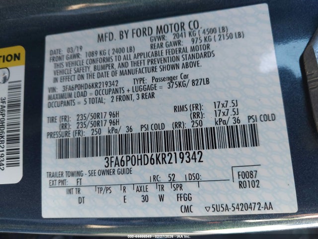 Ford FUSION SE 2019 3FA6P0HD6KR219342 Image 9