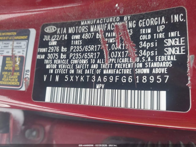 Aukcja sprzedaży 2015 Kia Sorento Lx, vin: 5XYKT3A69FG618957, numer aukcji: 44466566